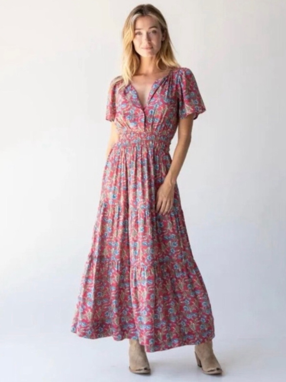 NATURAL LIFE BOHO FLORAL MAXI DRESS SIZE Small SILKY TIERED V-NECK FLOWY PRAIRIE - Picture 2 of 7